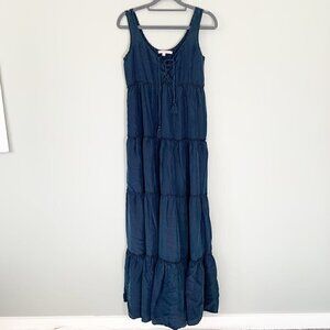 Calypso‎ St. Barth Navy Blue 100% Silk Tiered Lace Up Maxi Dress XXS Boho Tassel